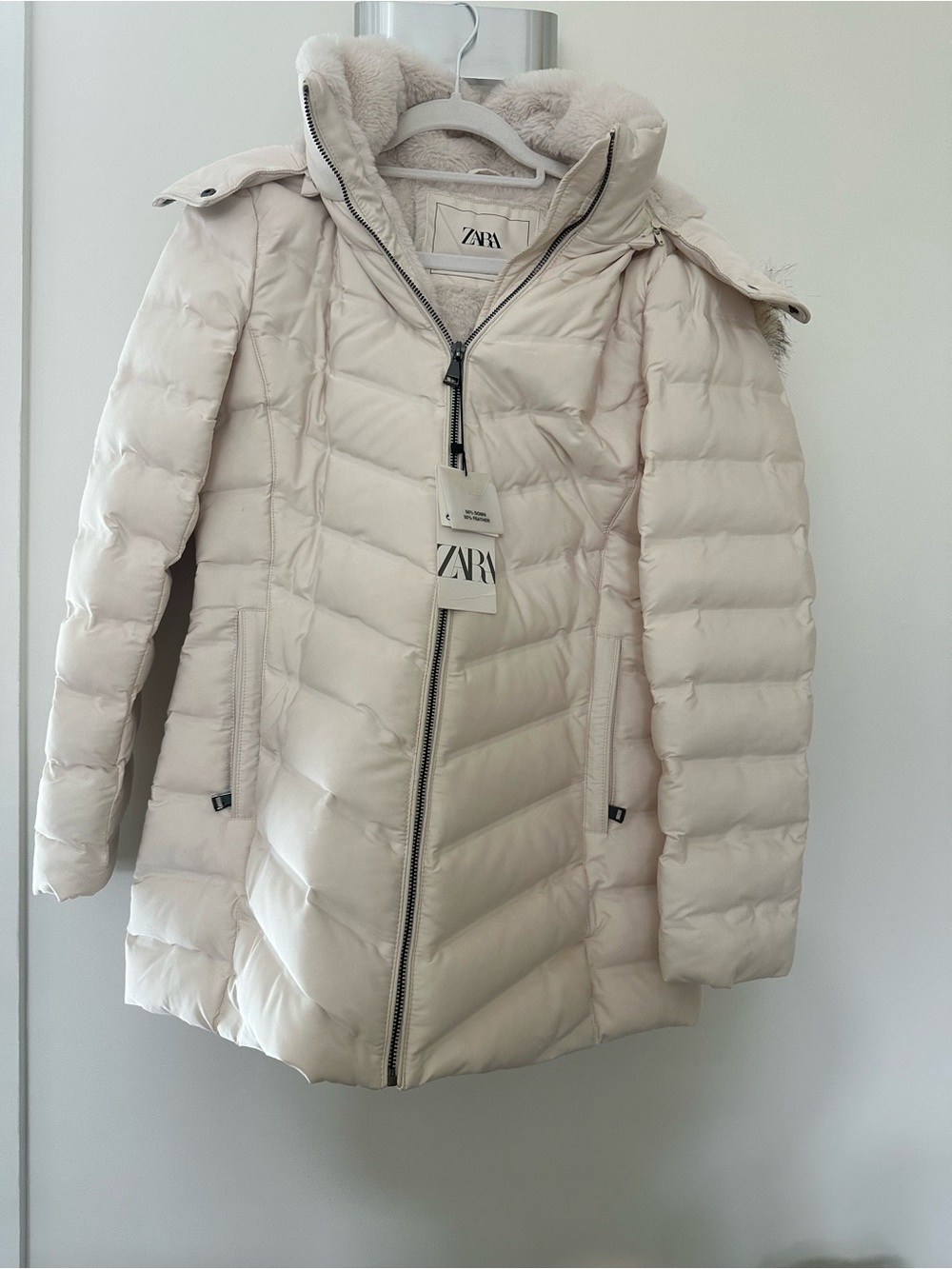 ZARA Light Cream Puffer Coat with Hood